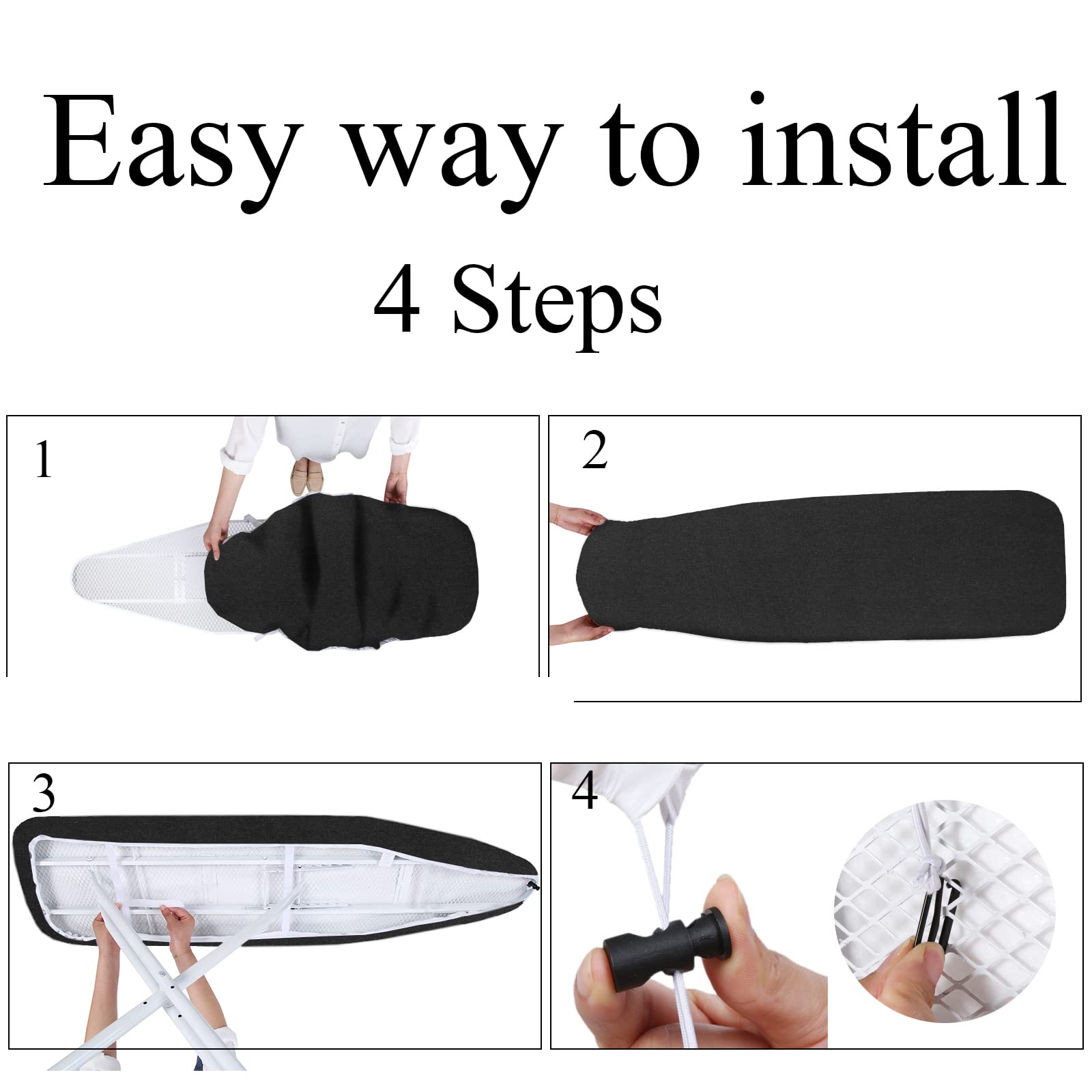 Copriasse da stiro, 140 x 45 cm, extra large, con top in 100% cotone e imbottitura spessa, facile da montare e resistente alle bruciature (nero, XXL)