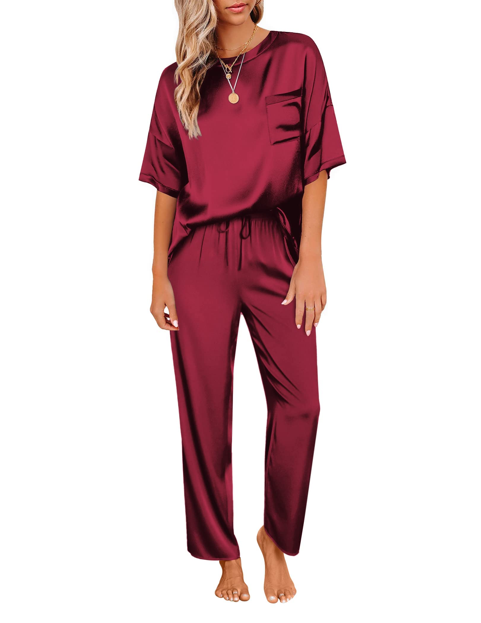 Ekouaer Schlafanzug Damen lang Zweiteiler Pyjama Satin Hausanzug Kurzarm Pyjama Set, S-XXL