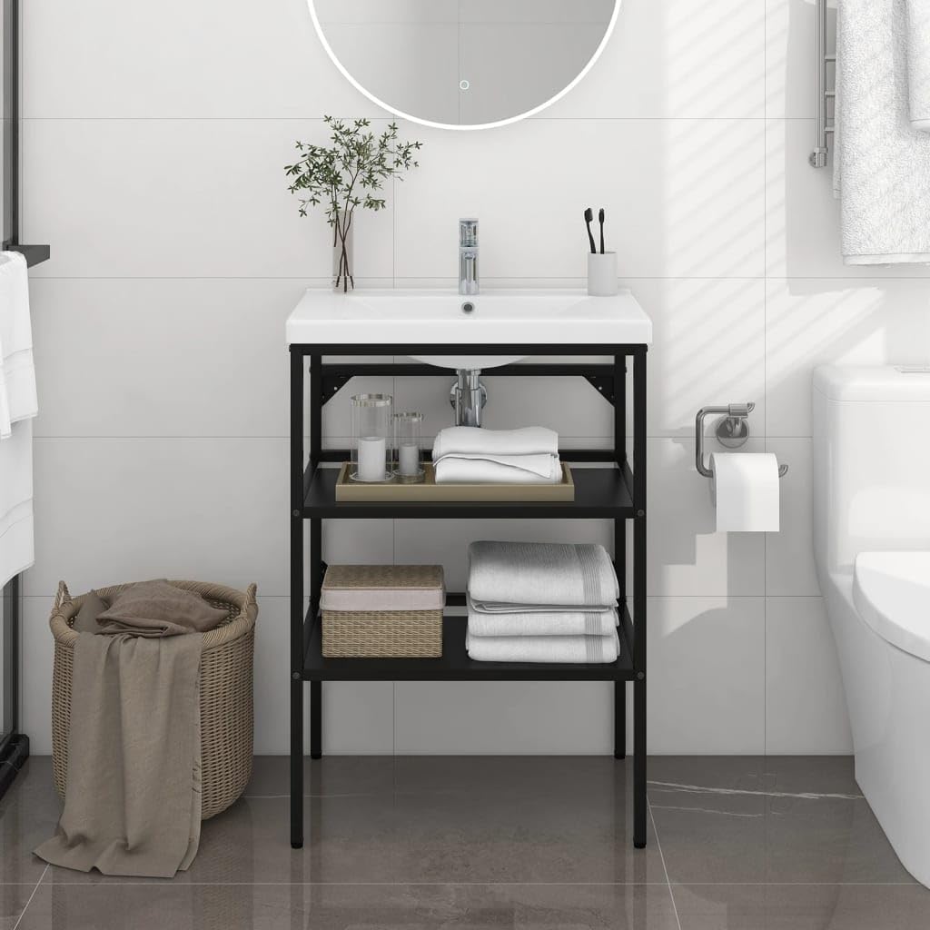 Bastidor de lavabo, negro, 59 x 38 x 83 cm, caja de almacenamiento de hierro con recubrimiento en polvo, resistente a la intemperie, toallero duradero