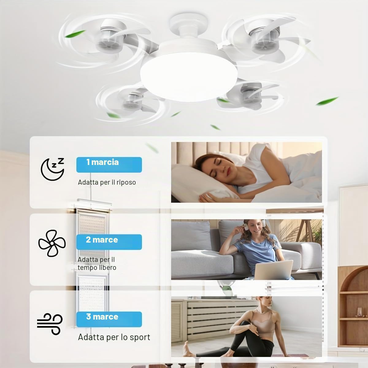 Ventilatore de Soffitto con Luce, Dimmerabile Regolabile Ceiling Fan Lampadina con ventilatore Plafoniera con Ventilatore Silenzioso Telecomando per Camera da Letto Interno Camera da Letto Ufficio