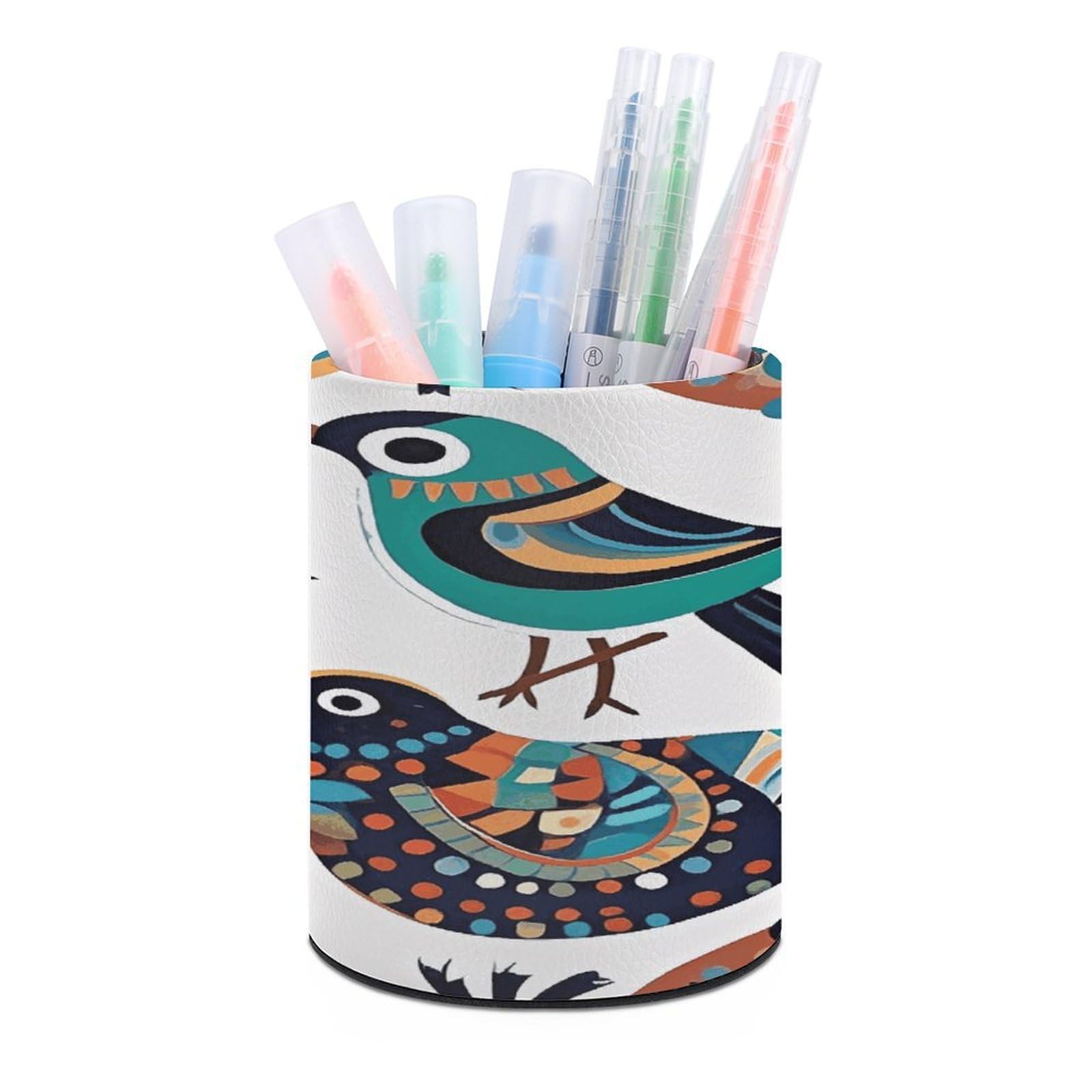 VstaDank Ethnic Style Bird Pen Holder Round Pencil Holder Cup Pen Container PU Leather Desk Organizer Stand Decorative Brush Scissor Holder Decoration Office Desk Home (3.1 x 3.9 inch)