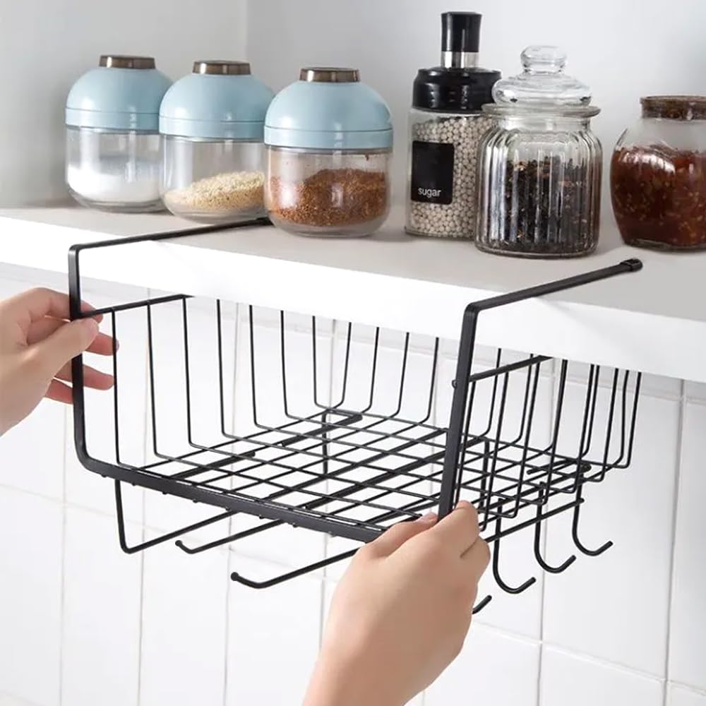 HEXAR® Under Shelf Basket, Multifunctional Metal Cabinet Storage Basket with 4 Hooks Towel Holders Basket Organizer For Kitchen Pantry Closet, 33x28x20 CM (Black)
