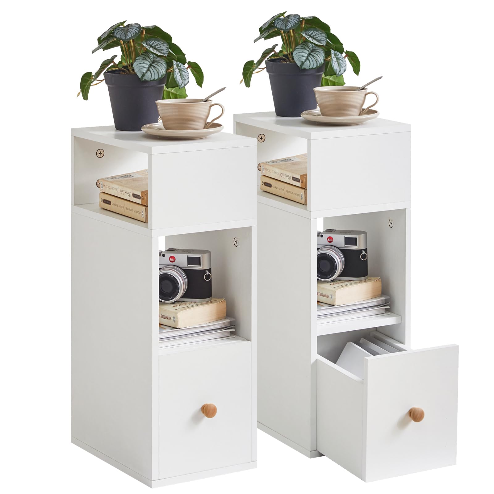 IBUYKE Juego de 2 Mesita de Noche Estrecha, Mesilla de Noche Pequeñas con 2 Compartimentos y 1 Cajón, 20x29x55 cm, Mesa Auxiliar para Dormitorio, Salón, Blanco WNS006W-2