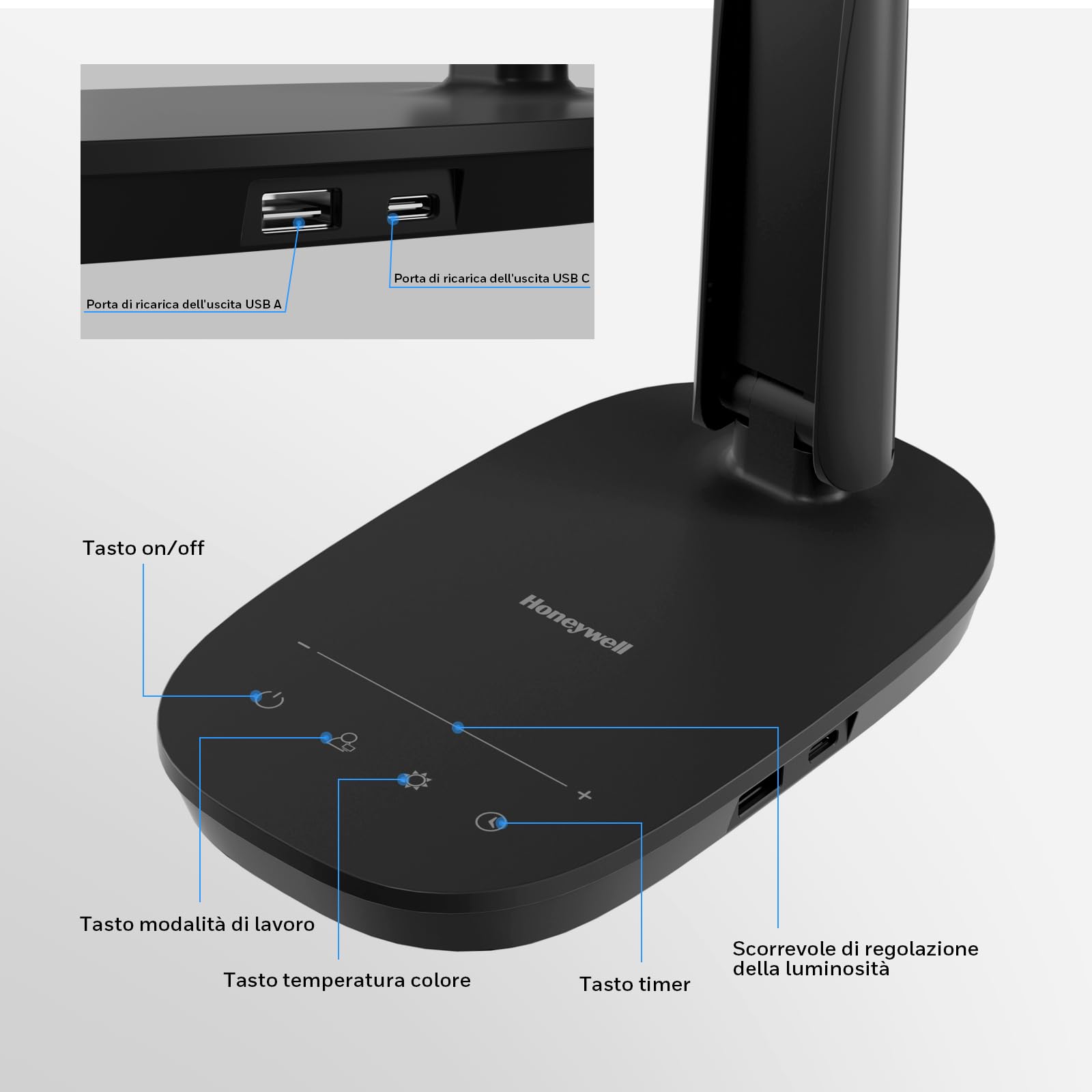 Honeywell HWT-H2 Lampada da Scrivania LED, Luce a Spettro Completo CRI94, Lampada da Tavolo Dimmerabile con Porte USB-A e USB-C, Controllo Touch, Lampada Pieghevole per Ufficio, Lettura e Studio, Nero