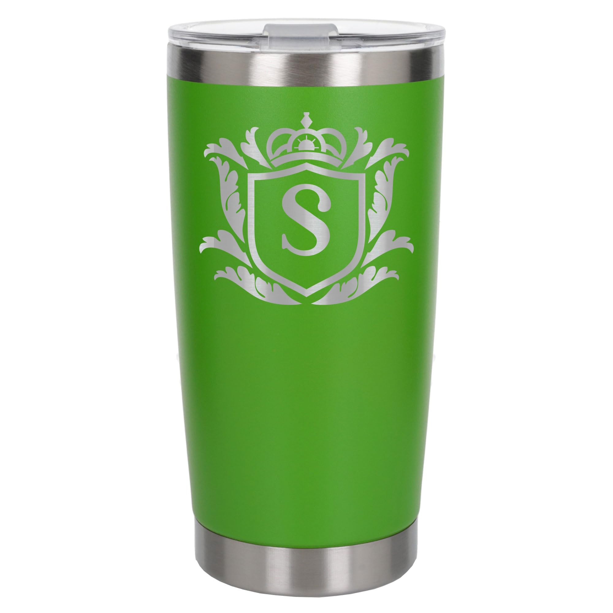 Customised Gifts 500ml Engraved Shield Initial Monogram Insulated Personalised Green Travel Mug for Men and Women - Personalised Initial Coffee Travel Mug for Hot and Cold Beverages, Letter S