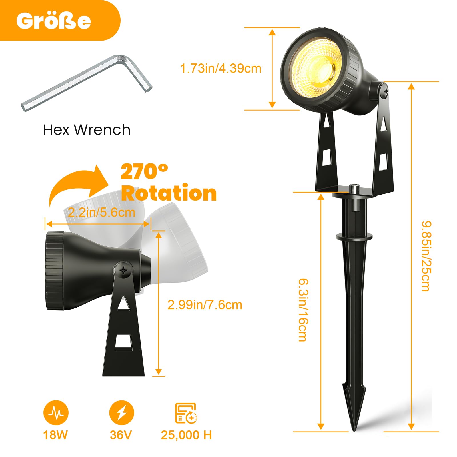 Kawaya Gartenbeleuchtung mit Strom 6Pcs Gartenlampen für Draußen Ip68 Wasserdicht Gartenleuchten 36V/18W Gartenstrahler 20M Led Außen Gartenlampe 3200K Gartenlampen Strahler mit Erdspieß