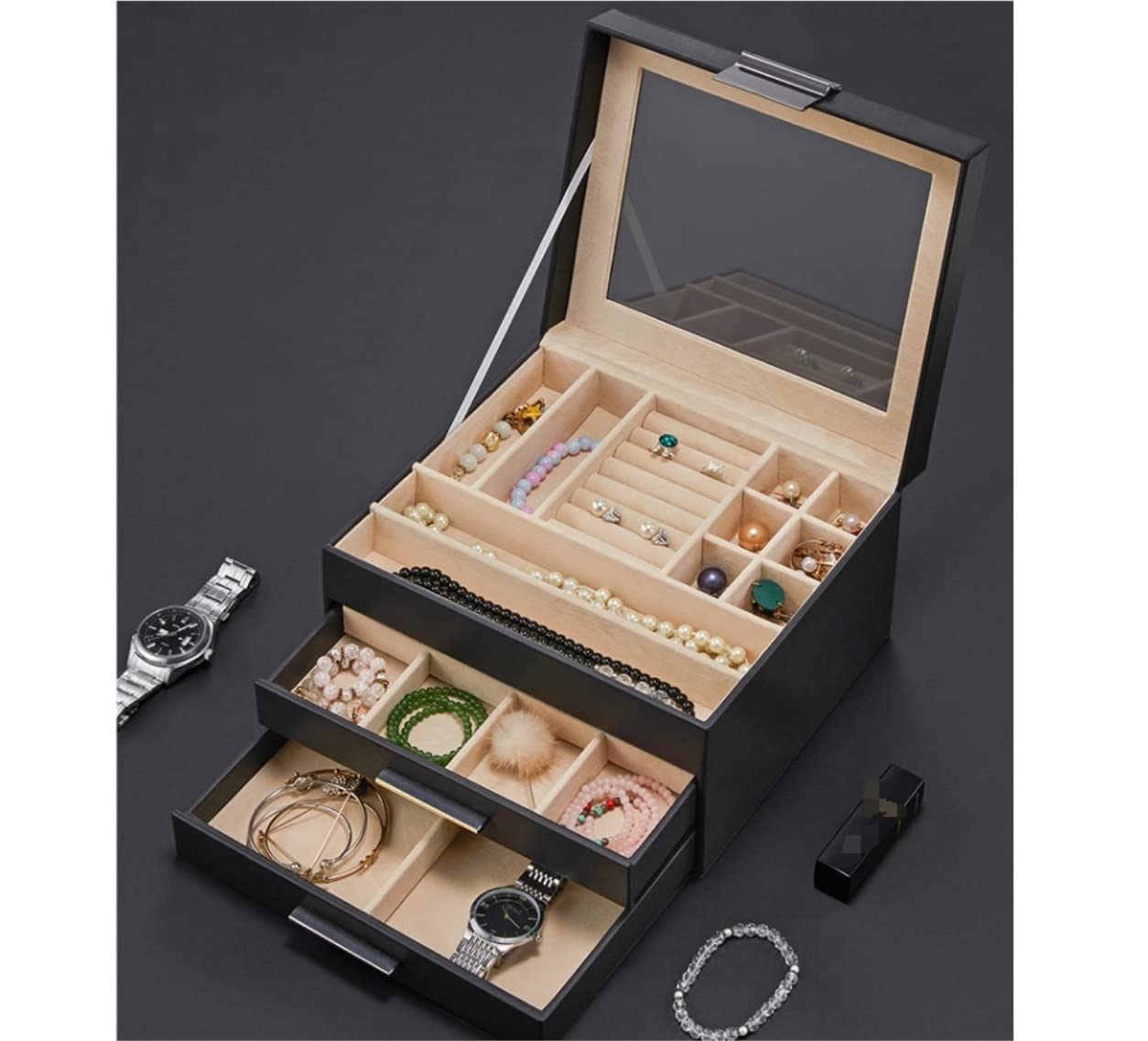 Schmuck-Organizer, Schmuckkästchen, großes Schmuckkästchen, Organizer, Schublade, Spiegel für Damen, Pu-Leder, Aufbewahrungskoffer für Ohrringe, Ring, Halskette, Armband, Uhr, Schmuckkästchen,