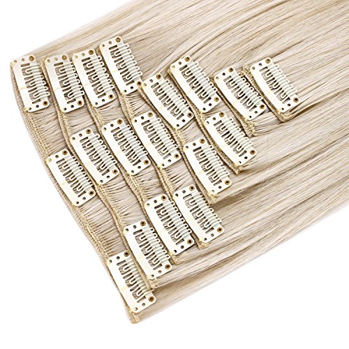 Clip in Hair Extensions - Platinum Blonde - Straight - 18in / 46cm - Full Head - 8 Pcs 120g - Japanese Heat Resistant Synthetic Hairpiece - Looks and Feels like Real Hair