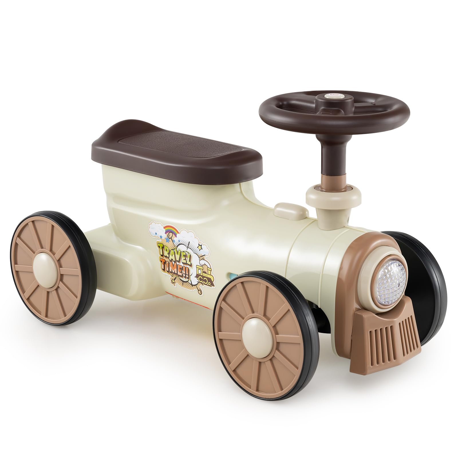 COSTWAY Ride on Car, Toddler Foot to Floor Sliding Walker with Train Whistle Sound, Steering Wheel, Under-seat Storage, Push Along Cars for 19-36 Months (Beige)