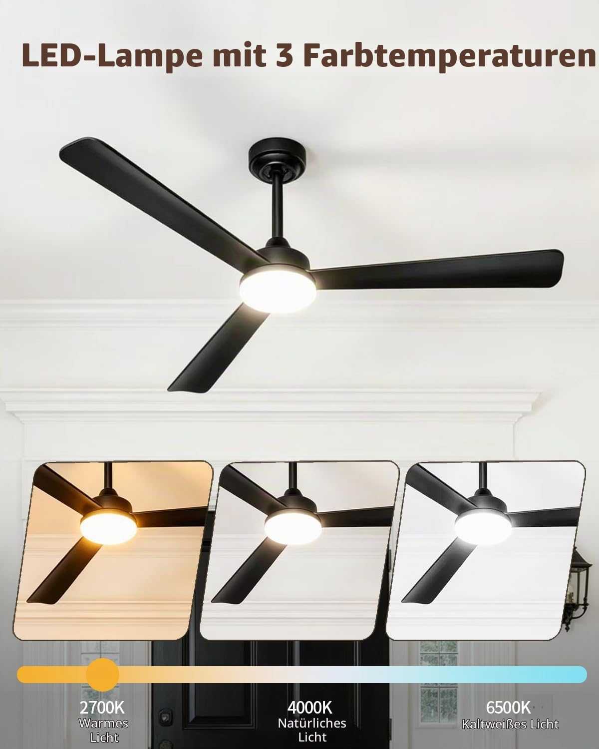 Deckenventilator mit Beleuchtung und Fernbedienung, 132 cm/52 Zoll, 3 Flügeln, Timer, 3 Farbtemperatur, 6 Geschwindigkeiten, Umkehrbar DC Motor, für Schlafzimmer Wohnzimmer