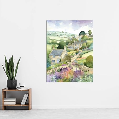Miniatura 2 de Paisaje de primavera de campo con cabañas Pintura moderna de acuarela grande XL arte de pared Impresión en lienzo