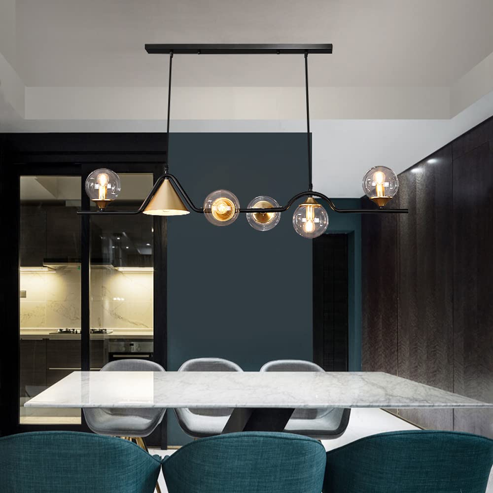 Lampadario lineare a 6 luci, lampade a sospensione con paralume in vetro, apparecchi di illuminazione a soffitto in stile metà secolo Lampada a sospensione per sala da pranzo Isola della cucina