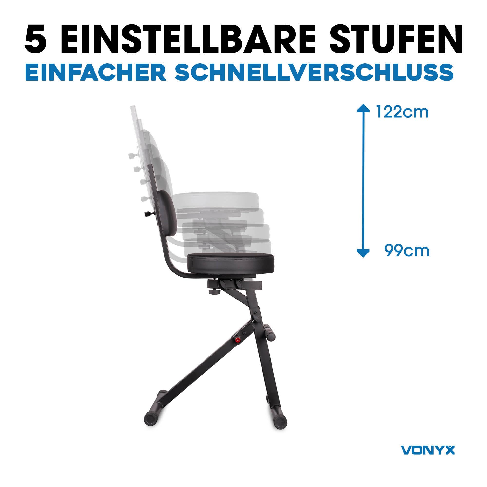 Vonyx Gitarrenhocker – Höhenverstellbar mit Lehne & Fußstütze – Klappbar für Keyboard & Schlagzeug, Bis 100 Kg, Arbeitshocker - Schwarz