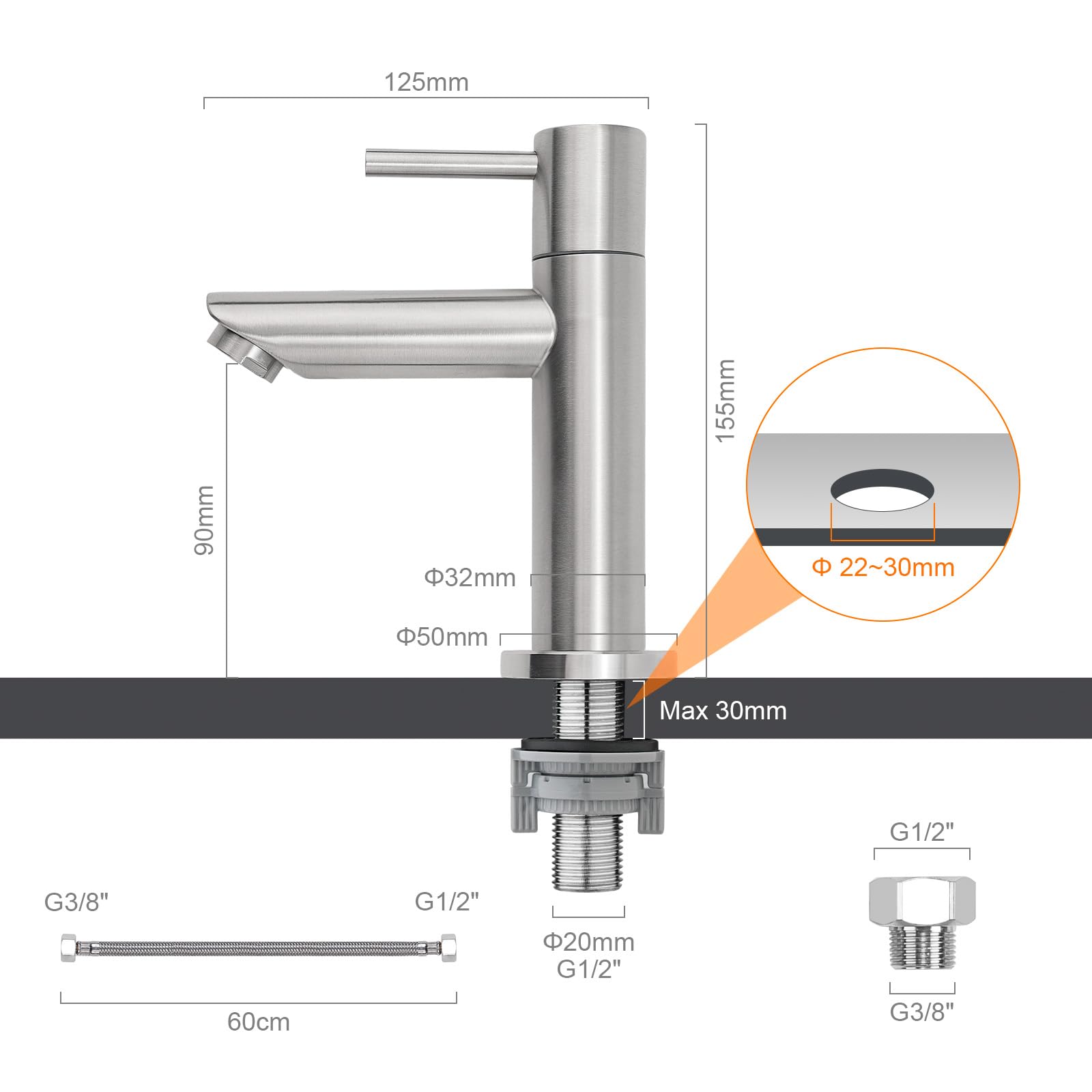 Ibergrif M18103 Mitigeur de lavabo eau froide monocommande acier inoxydable finition brossée