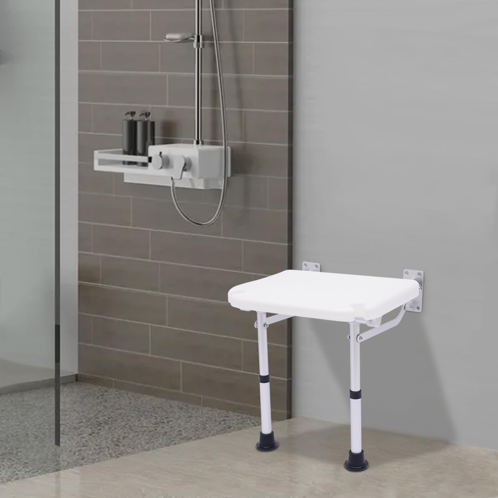 Asiento de ducha plegable montado en la pared, silla de baño, taburete de ducha, asiento de ducha plegable con patas de apoyo, silla de baño, ayuda de ducha, capacidad de carga máxima 220 Lbs,