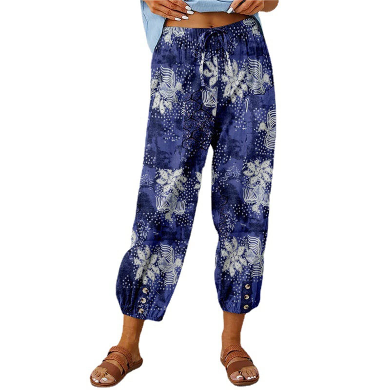 Pantaloni Lunghi Mare Donna - Pantaloni Harem Donna Estivi Vita Alta Gamba Larga Casual Pantalone Vintage Stampa Boho con Coulisse Leggeri Comodi con Tasche Spiaggia Pantalone