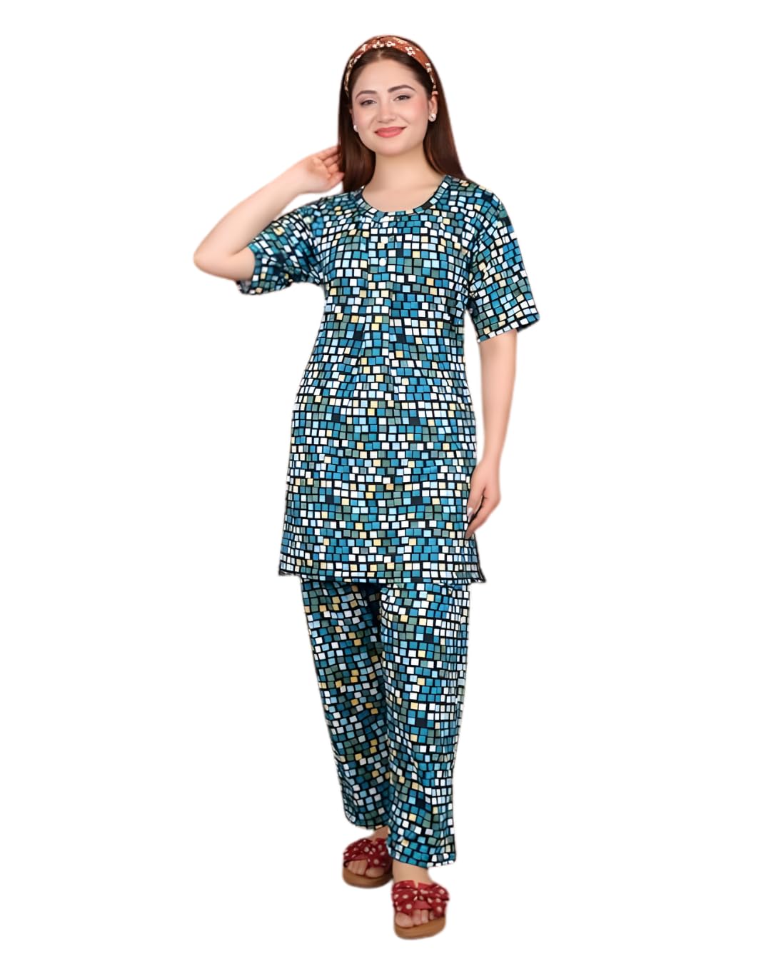 ladygram Plus Size Night Suit for Women – Cotton Malai Ladies Printed Nightwear Set | Loose Fit Long Length Pajama Set | Summer Sleepwear for Women-picture-16