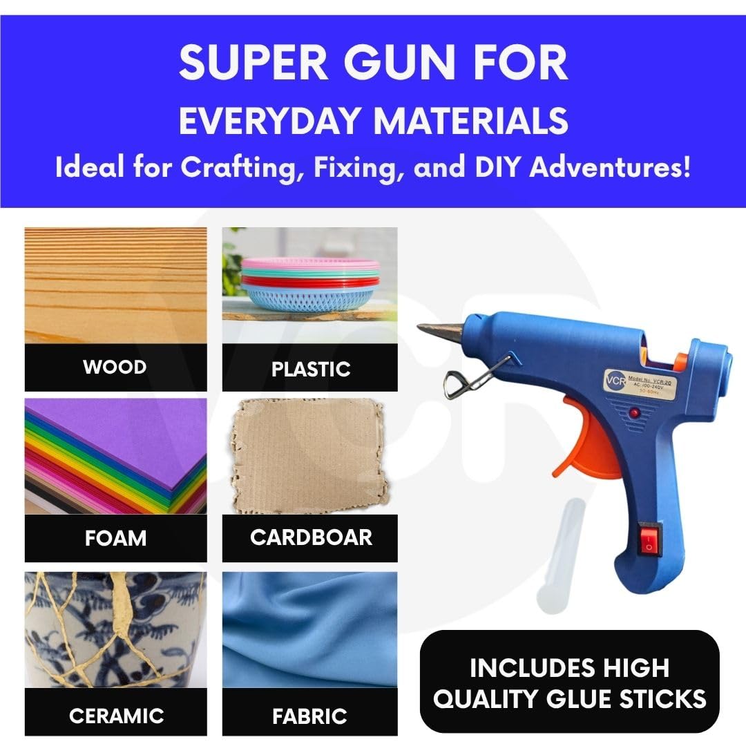VCR 20W Hot Melt Glue Gun for Crafting & DIY Purpose - 20 Watts - ON/Off Switch for Precise Glue Output - Easy To Use Blue Glue Gun + 30 Transparent - 7mm Glue Sticks - VCR 20 Mini 3