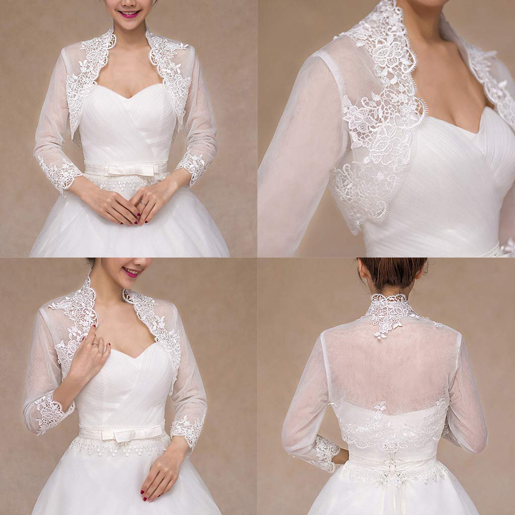 Chal de Boda, Chaqueta de Boda de Manga 3/4 para Mujer Capa con Adornos de Encaje Floral Abrigo encogiéndose de Hombros Cárdigan Bolero
