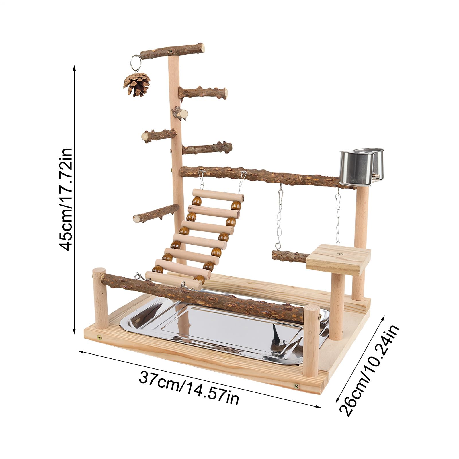 Plac Zabaw Przeznaczony Dla Papug Drewniany do Zabaw | Drabinka Ptasia z Miseczką oraz Tacką ze Stali Nierdzewnej dla Nimfy Konury Zięby i Nierozłączki do Ćwiczeń