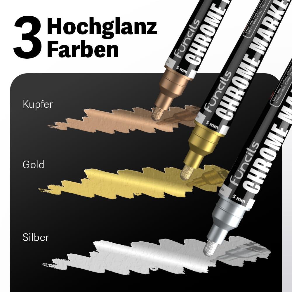 Chrom Lackstift Set - 4 Lackstifte Dual Spitze: 2x Silber, 1x Gold, 1x Kupfer | Lackstift Silber Metallic Auto, Chrom Farbe Gold, | Silberstift Metallic wasserfest für Auto, Glas, Metall