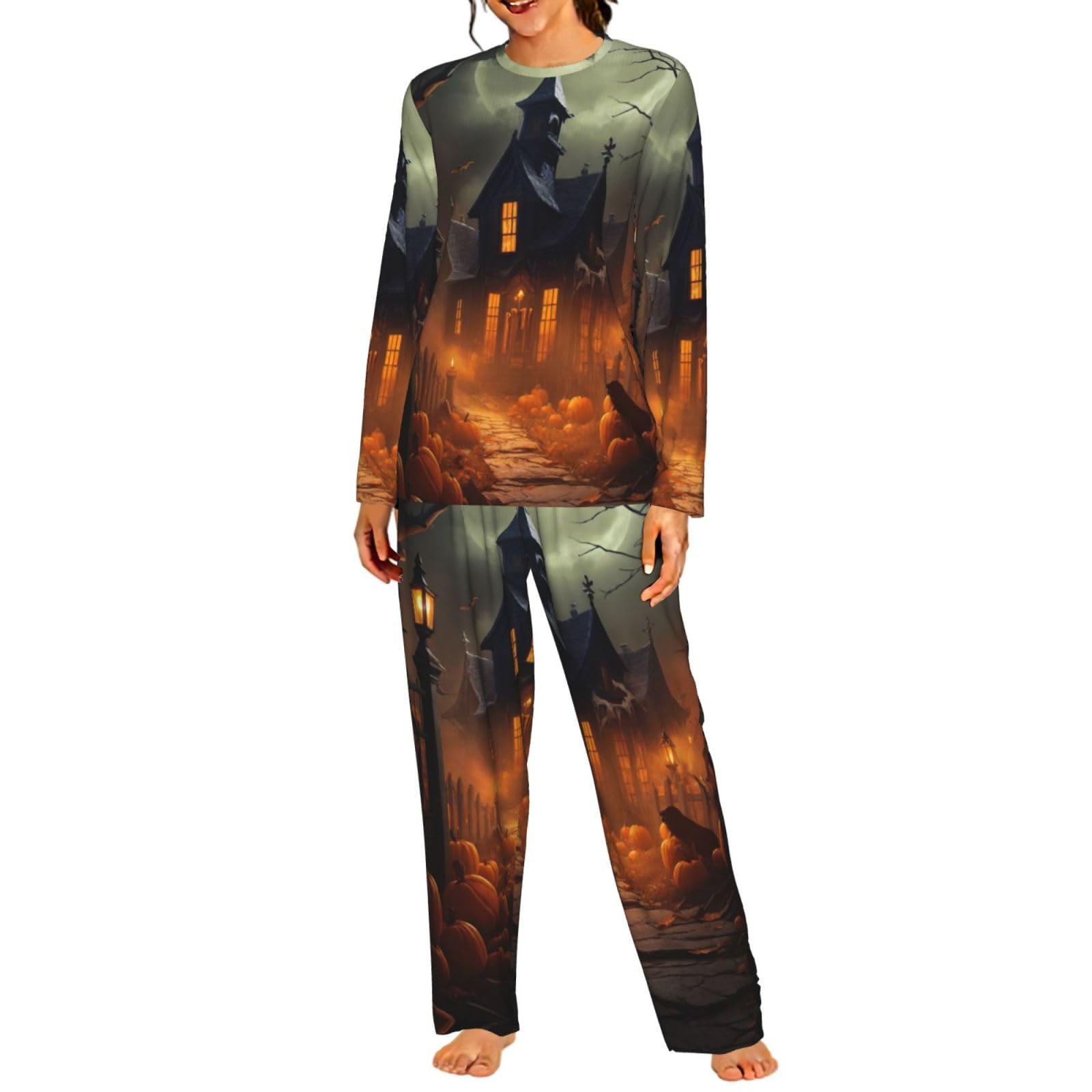 Pigiama da donna a maniche lunghe con stampa spaventosa di Halloween, morbido pigiama da spiaggia, vacanze, abbigliamento da notte, regalo casual