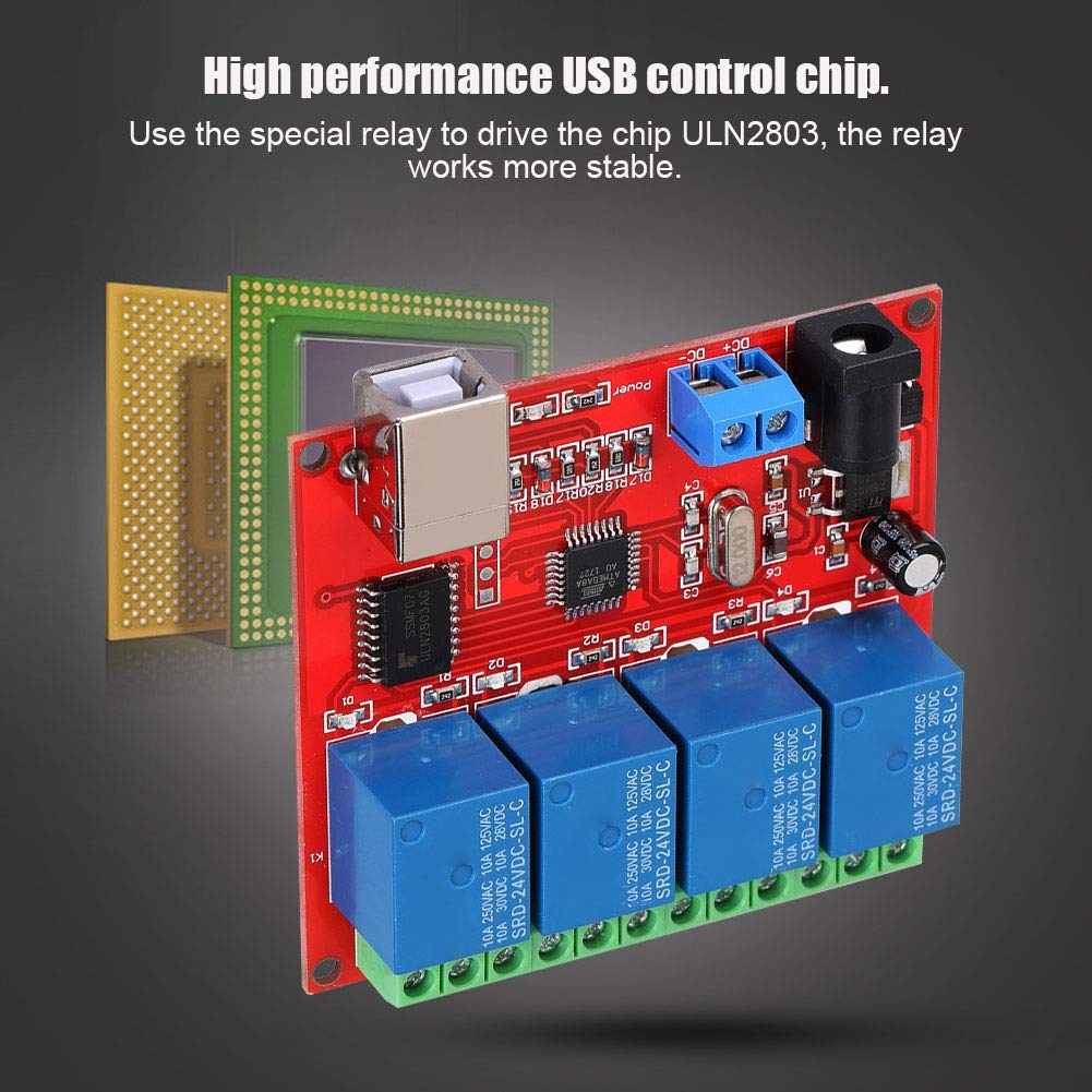 ASHATA Modulo relè 24 V, modulo relè 4 canali Modulo relè Controller Smart Switch USB per Computer, Chip di Controllo USB ad Alte Prestazioni Modulo relè DC 24 V Scheda di espansione PC Rosso