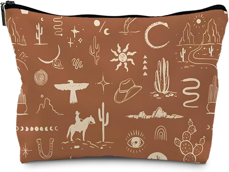 Necessaire de maquiagem Supwhd Vintage Western em PU, formato retangular compacto, fechamento com zíper