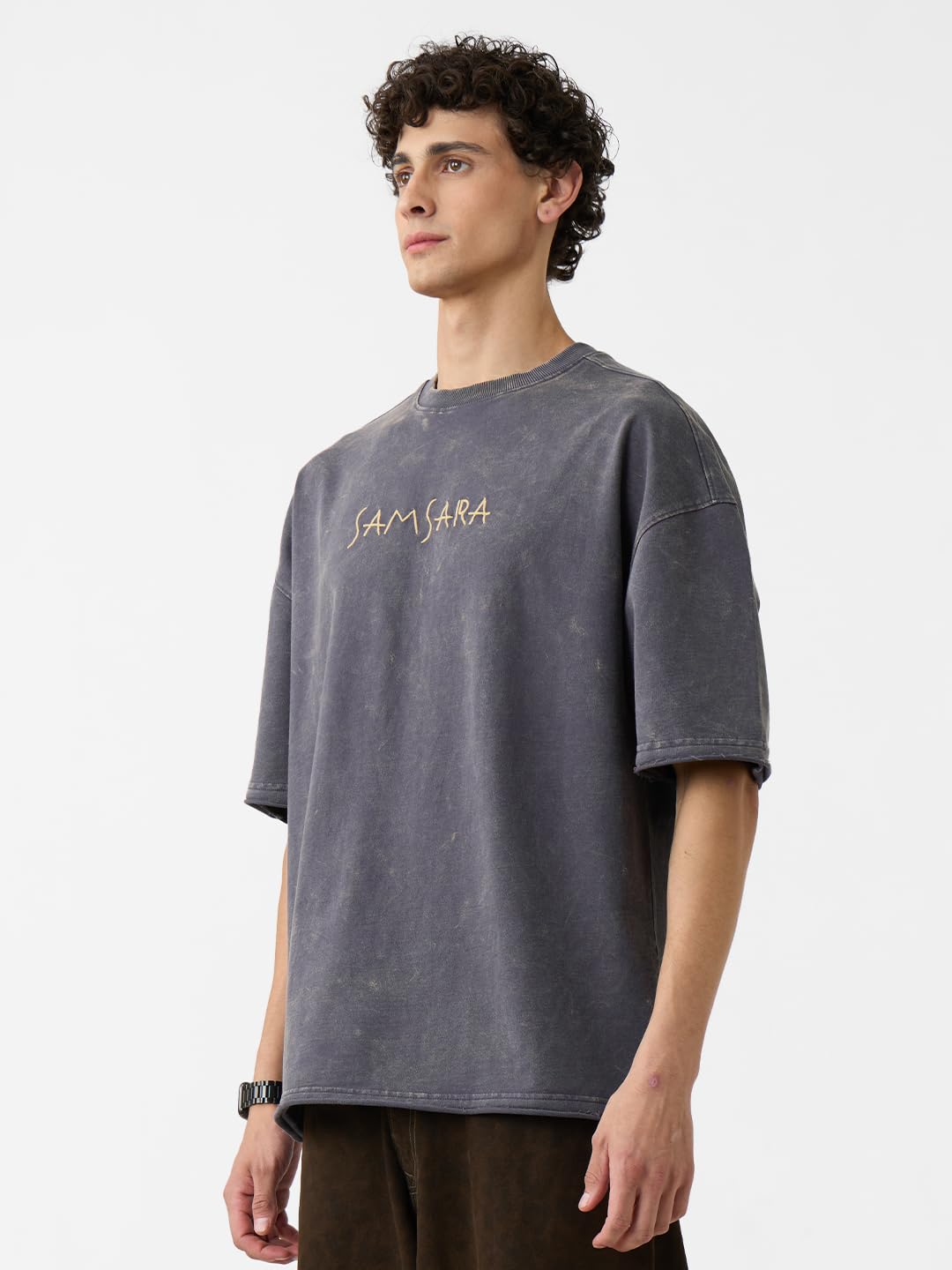 The Souled Store Samsara Herren Jungen Kurzarm Rundhalsausschnitt Grau Super Oversize Baumwolle Graphic Print T-Shirt