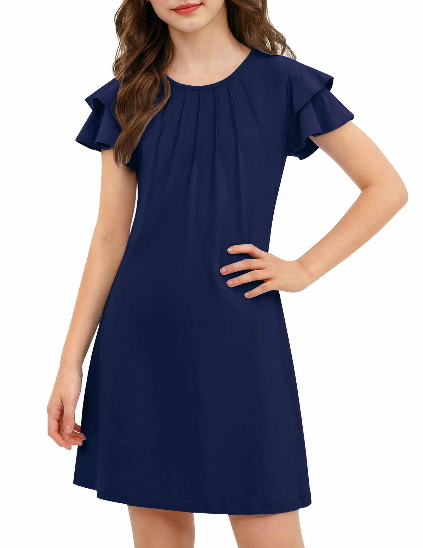 Arshiner Mädchen Kleider Sommer Plissiertes Gewellte Ärmel Kinder Einfarbig/Bedruckt Elegante Festliches Sommerkleid Freizeitkleid Kurzarm A-Linie Kinderkleid 6-14 Jahre