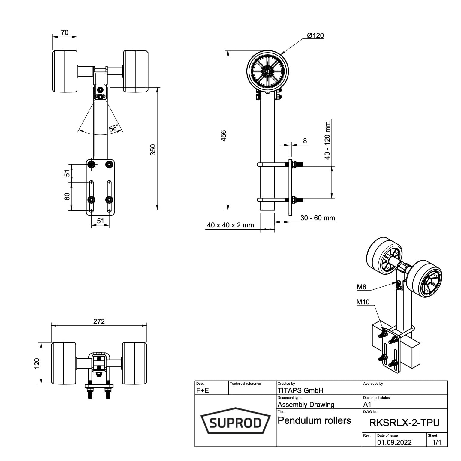 SUPROD 2er Pendelrollen Sliprollen Sliphilfe Bootstrailer TPU RKSRLX-2-TPU, Ø 120 mm