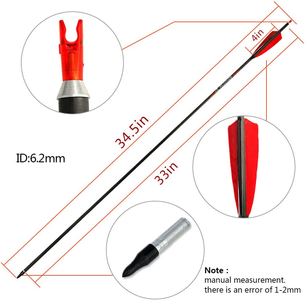 ACCMOS 33 Pollici Freccia in Carbonio ID 6,2 mm Spine 300 con 4" Piuma di Tacchino Frecce da Caccia, per Arco Ricurvo Arco Composto Tiro con L'Arco 6 pzi (6pcs, Spine 300)