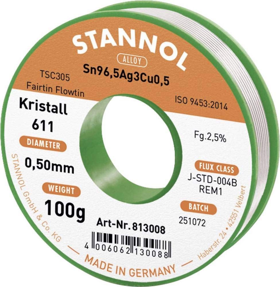 Stannol Kristall 611 Fairtin Bezołowiowa cyna lutownicza Sn96,5Ag3Cu0,5 REM1 100 g 0,5 mm