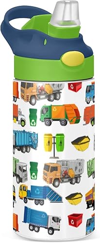 Camiones de basura botella de agua de acero inoxidable para niños, botella de agua aislada al vacío de acero inoxidable de 12 onzas para niños y