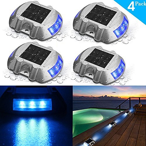 Solar Deck Lights, Driveway Dock LED Light IP68 Waterproof Driveway Dock Lights Solar Powered Outdoor Warning Step Lights for Driveway Sidewalk Garden Ground Pathway Yard 4 Pack (Blue)