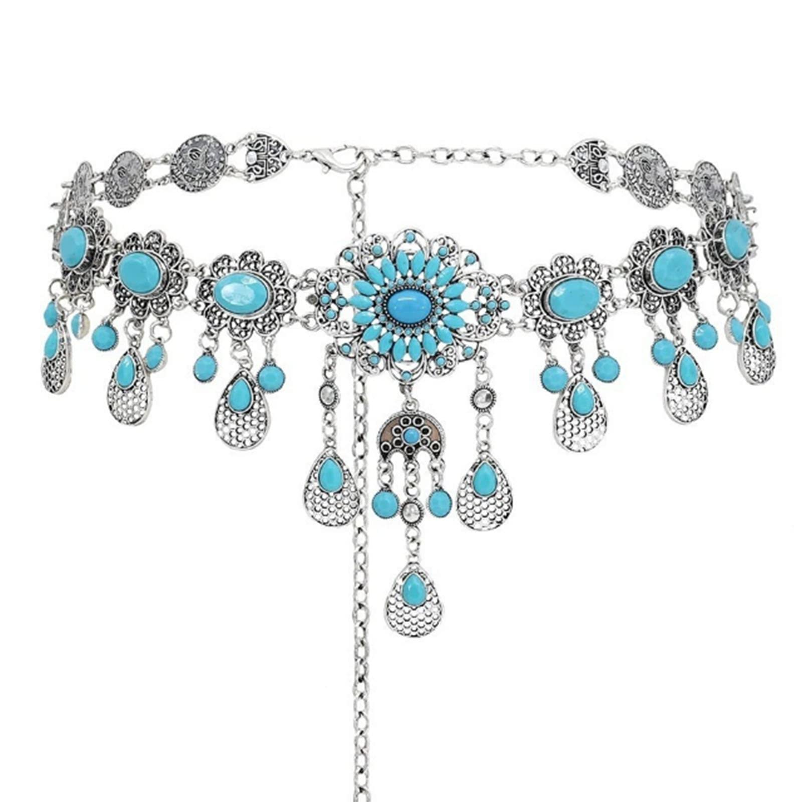6737 Vintage Flower Turquoise Chain Belts Silver Pear Coin Pendant Metal 4809EBD4-BFFC-44E6-B69C-  main image 4