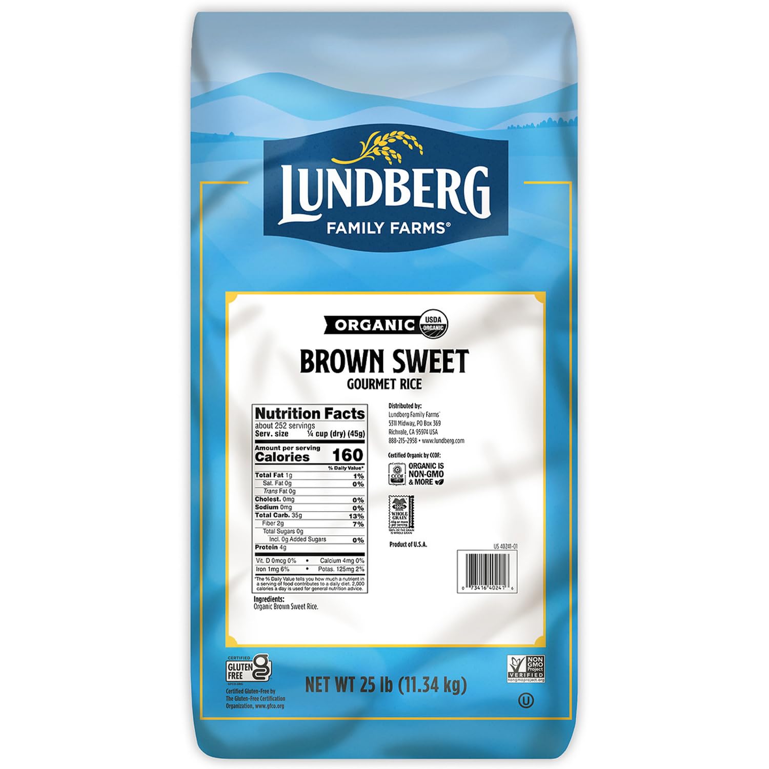 Lundberg Organic Sweet Brown Rice, Bulk – Short-Grain, Slightly Sweet & Sticky, Whole Grains Responsibly Grown in California, 25 Lbs