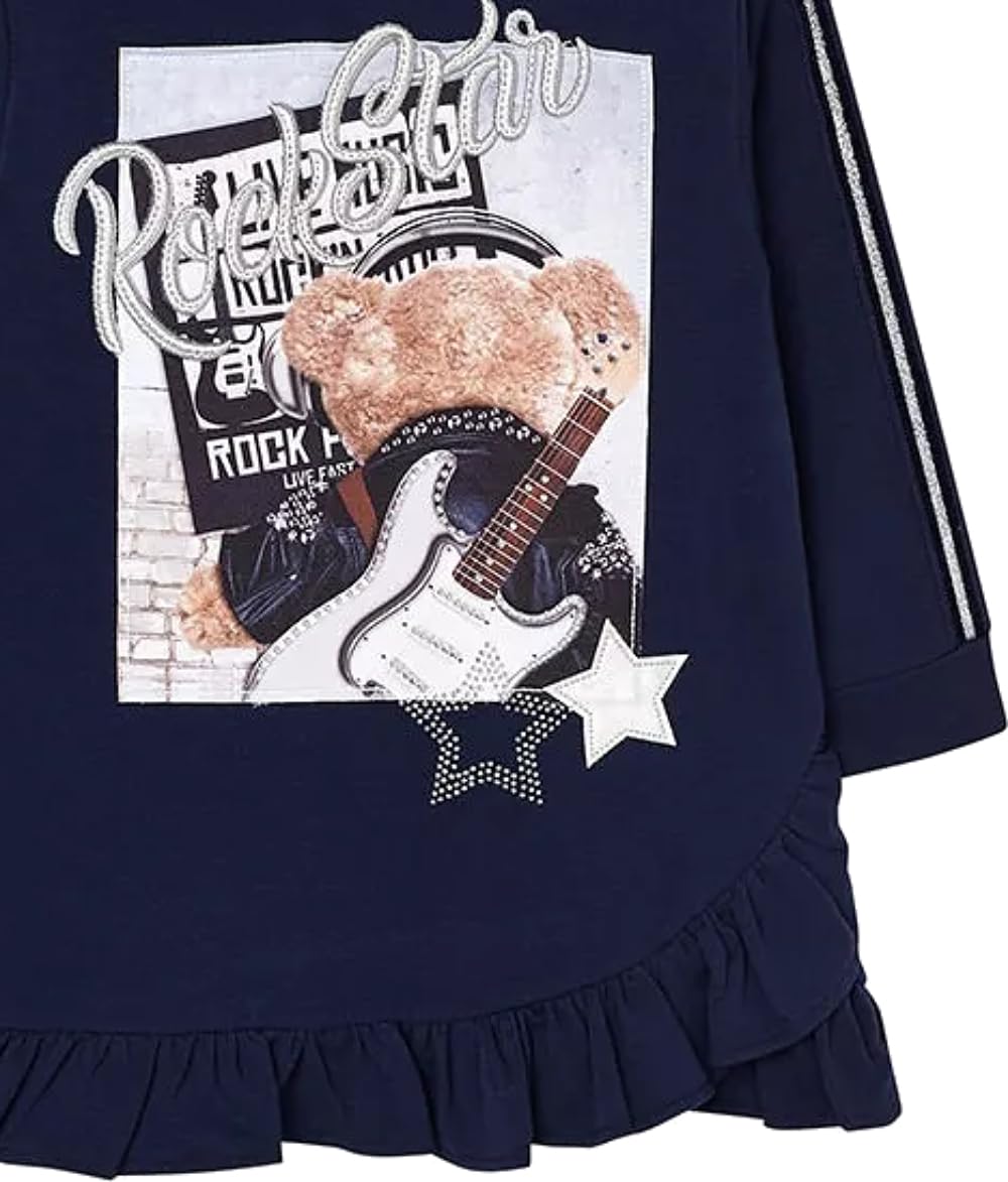 Sukienka dziewczęca gwiazda rocka z nadrukiem na gitarę i falbanki, długie rękawy, spódnica w kolorze granatowym, styl casual i komfort, sukienka księżniczki dla dziewczynki, zima