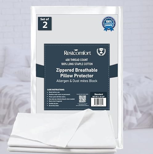 Paquete de 2 fundas de almohada transpirables con cremallera, 400 hilos, 100% algodón de fibra larga, bloqueo de alérgenos y ácaros del polvo disponible en Yaxa Peru