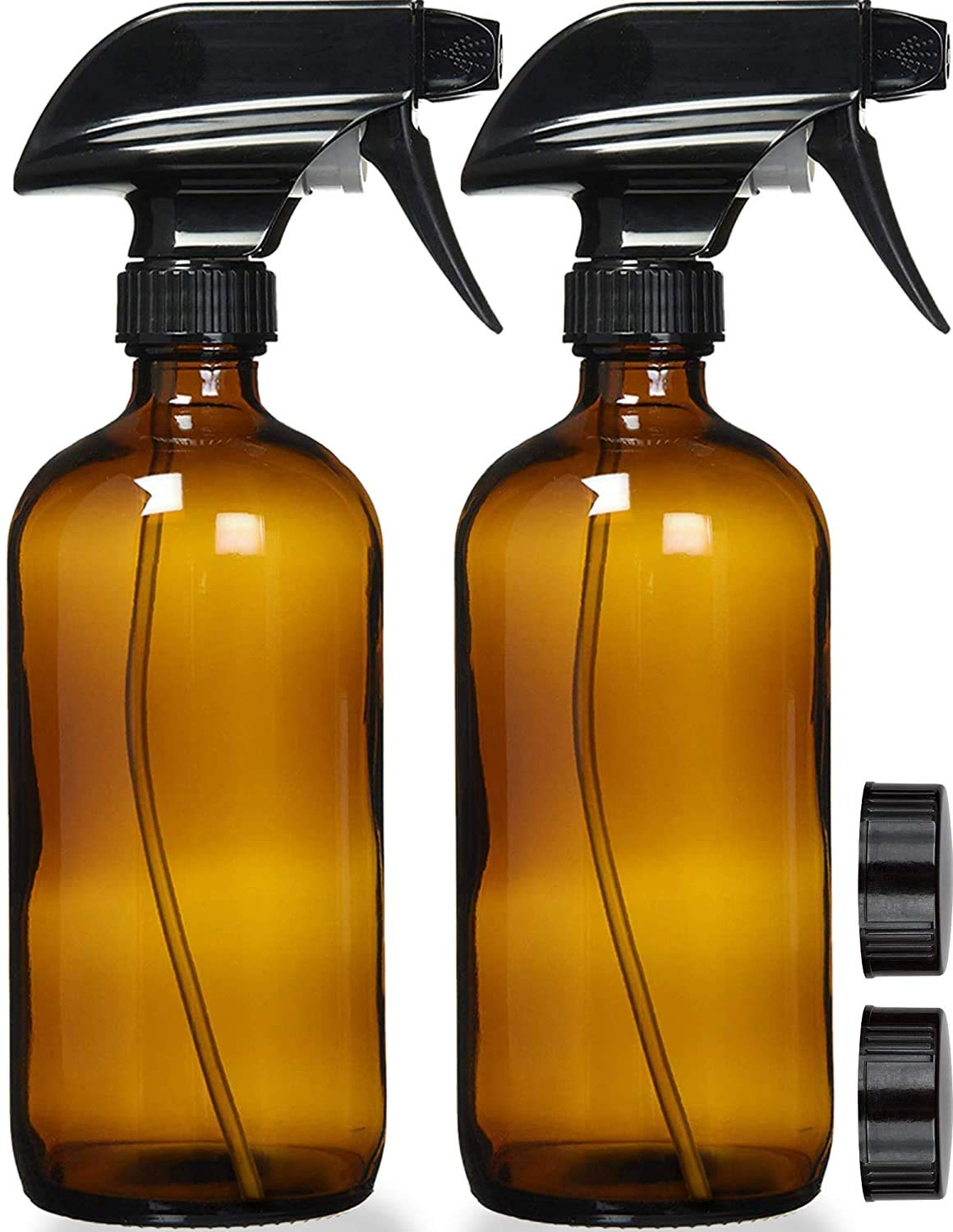 Empty Amber Glass Spray Bottles with Labels (2 Pack) - 16oz Refillable Container for Essential Oils, Cleaning Products, or Aromatherapy - Durable Black Trigger Sprayer w/Mist and Stream Settings