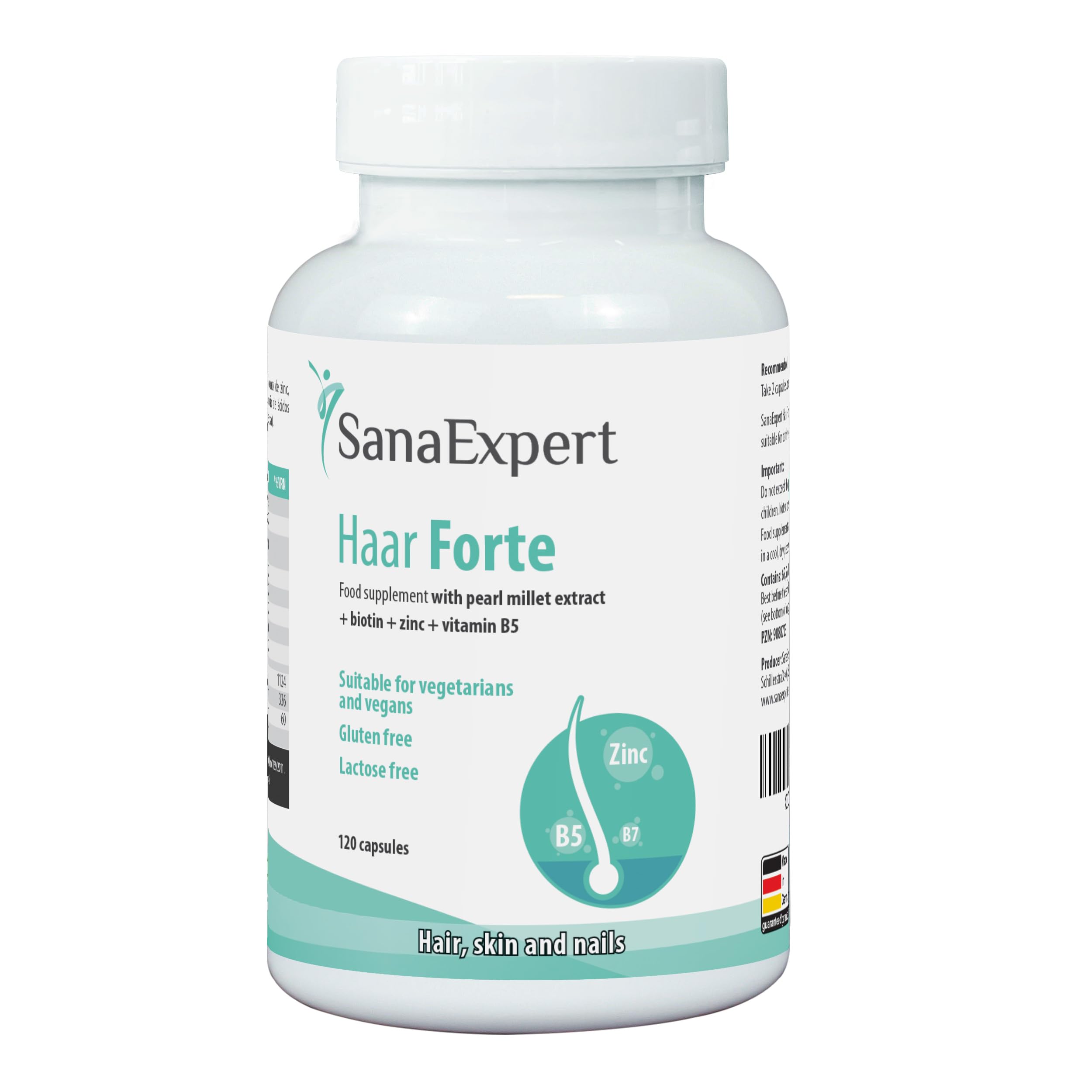 SanaExpert Hair Forte Vitamins for Hair & Nails, with biotin, Silica, Pearl millets & zinc, for Women & Men,120 Capsules. Made in Germany.