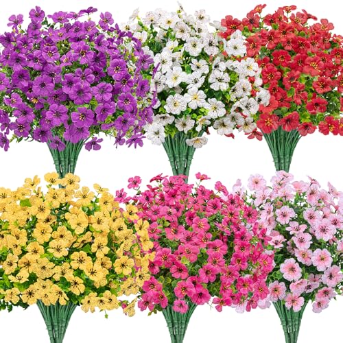 Image of Bassion 24 Bundles Artificial Flowers for Outdoors Fake Flowers, Mixed | UV resistant, silk flowers, realistic faux plants for outdoor planter, window box porch patio garden home outside decor