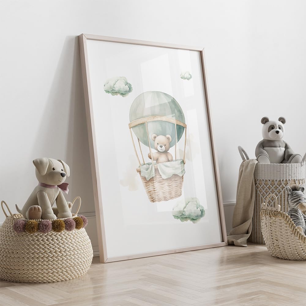3 Laminas Oso 30X40CM Cuadros Infantiles Para Habitacion Niño Aerostático Verde Poster Bebe Lienzo Animales Infantiles Laminas Habitacion Bebe Animales Cuadros de Oso Poster Niños sin Marco