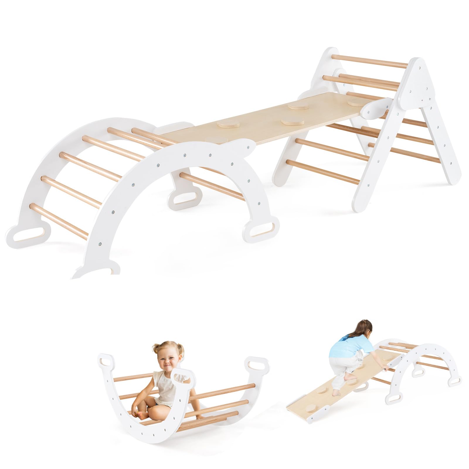Maxmass Kids Climbing Triangle Set, 3-in-1 Toddler Climber with Ladder, Reversible Ramp & Arch, Wooden Climbing Playground for Indoor & Outdoor (White+Natural) — image 1