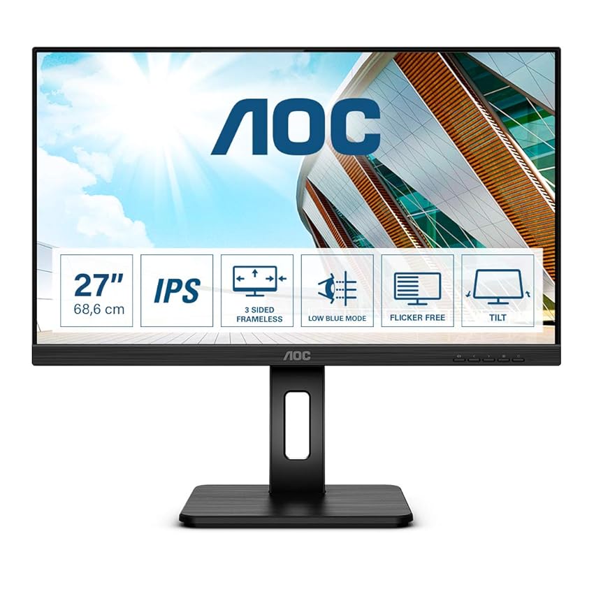 Immagine del prodotto AOC 27P2Q - Monitor FHD da 27 pollici, regolabile in altezza (1920 x 1080, 75 Hz, VGA, DVI, HDMI, DisplayPort, hub USB), colore: Nero