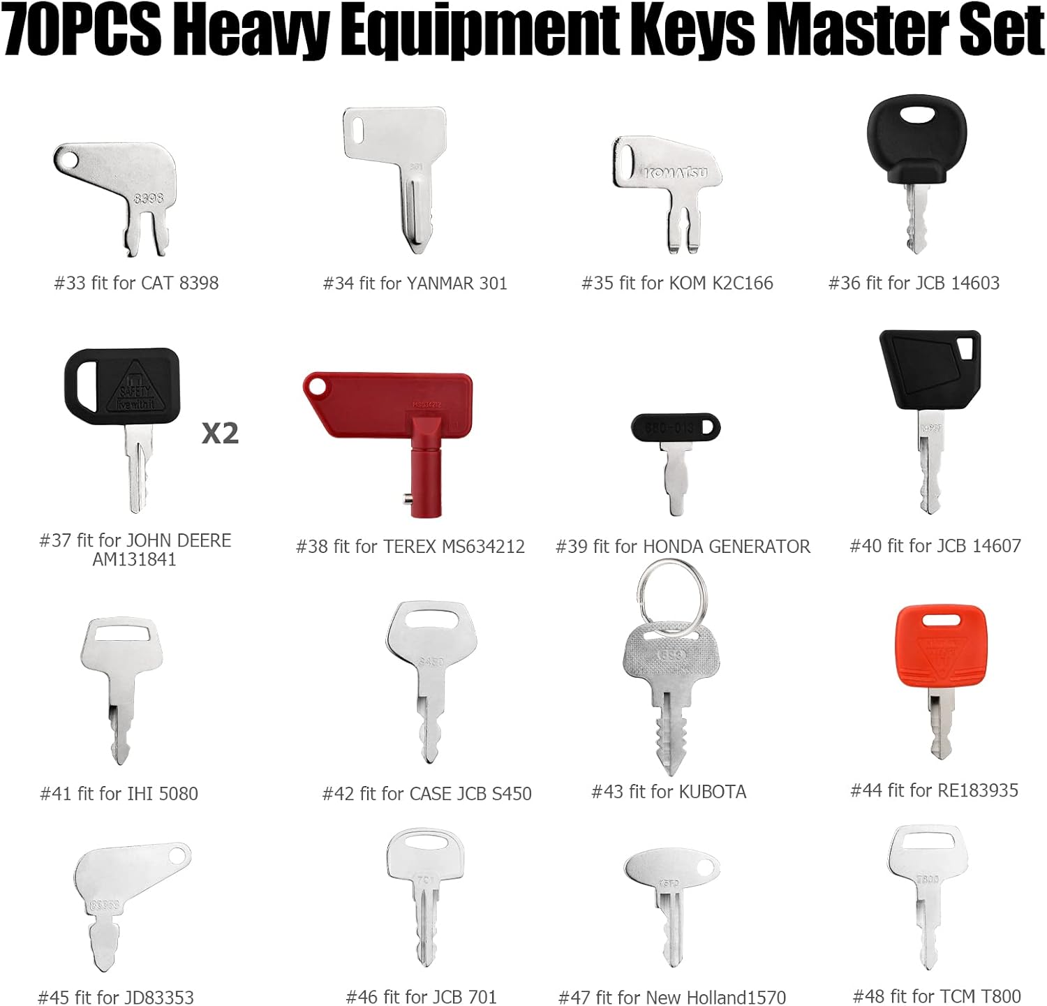 70 Heavy Equipment Keys Master Set, Construction Machinery Key for Cat Caterpillar John Deere Komatsu Volvo Bobcat Kubota JCB Sany Terex Case Hyster Yanmar Takeuchi New Holland