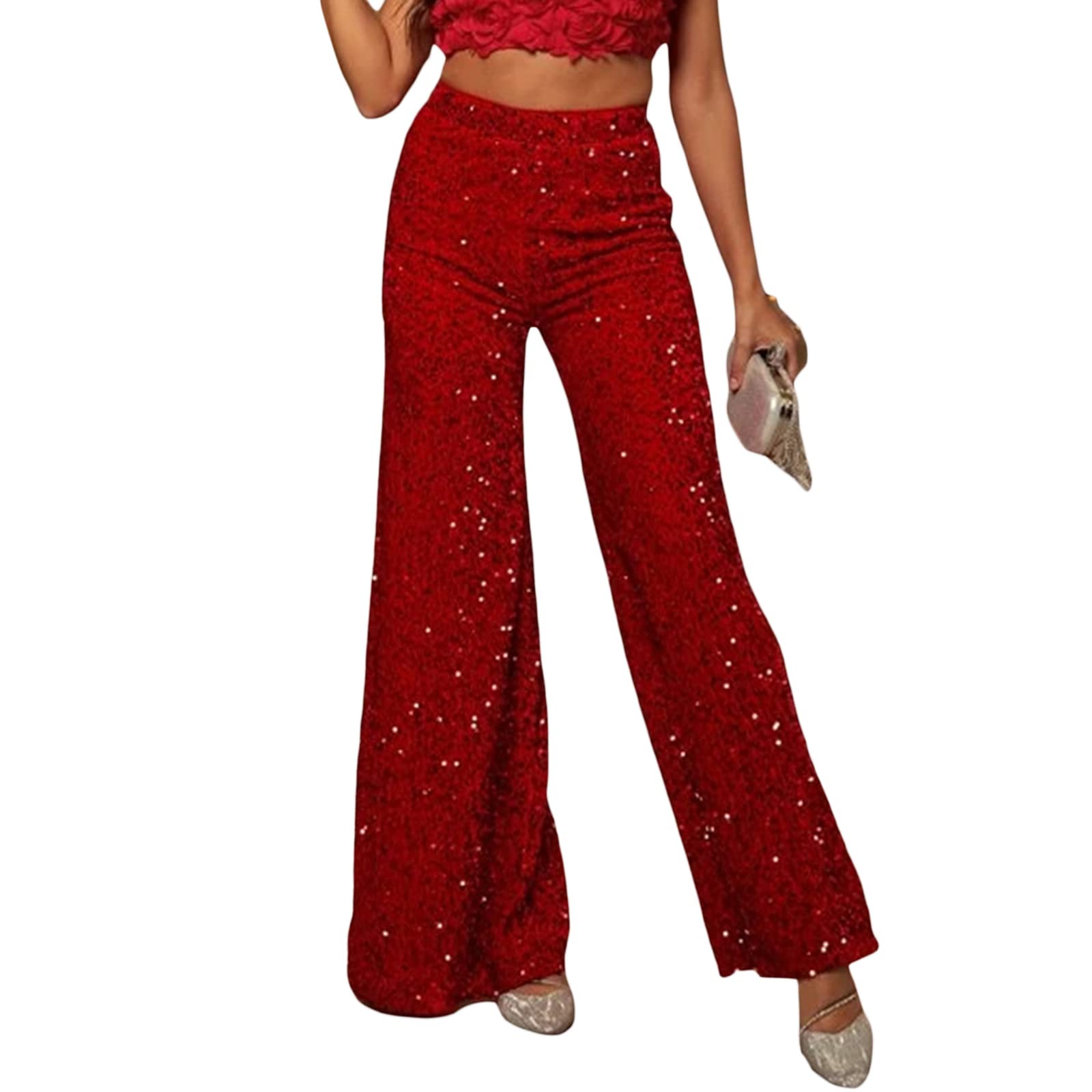 Awoscut Womens Wide Leg Velvet Sequin Pants High Waist Bell Bottom Shiny Bling Glitter Dance Pant Club Trousers