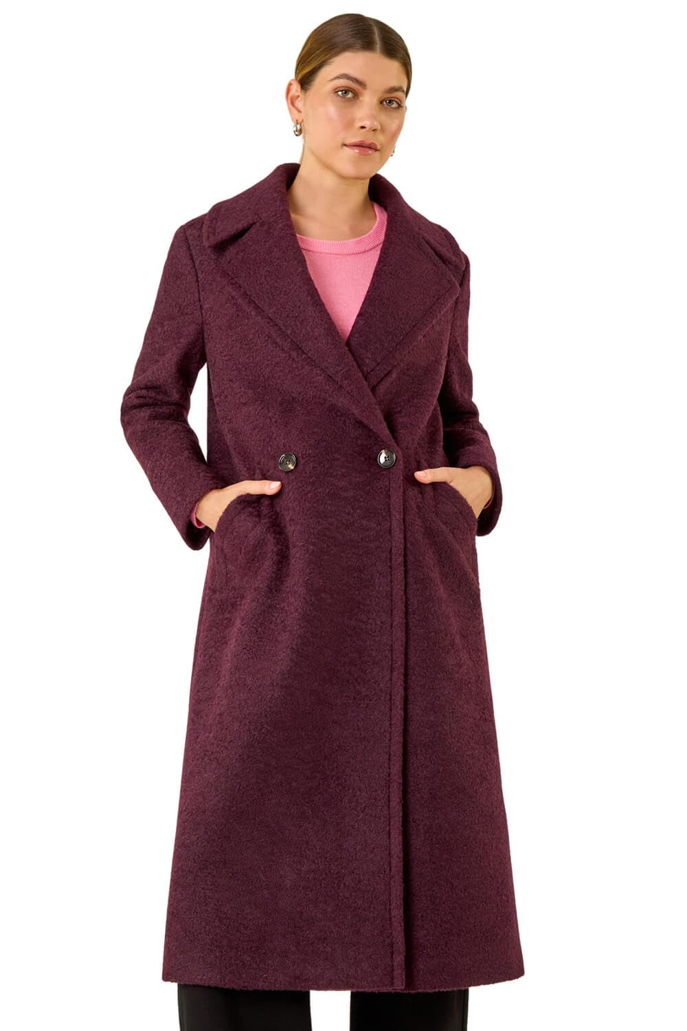 Roman Textured Buttoned Boucle Coat Burgundy - Womens - Size 12 - New