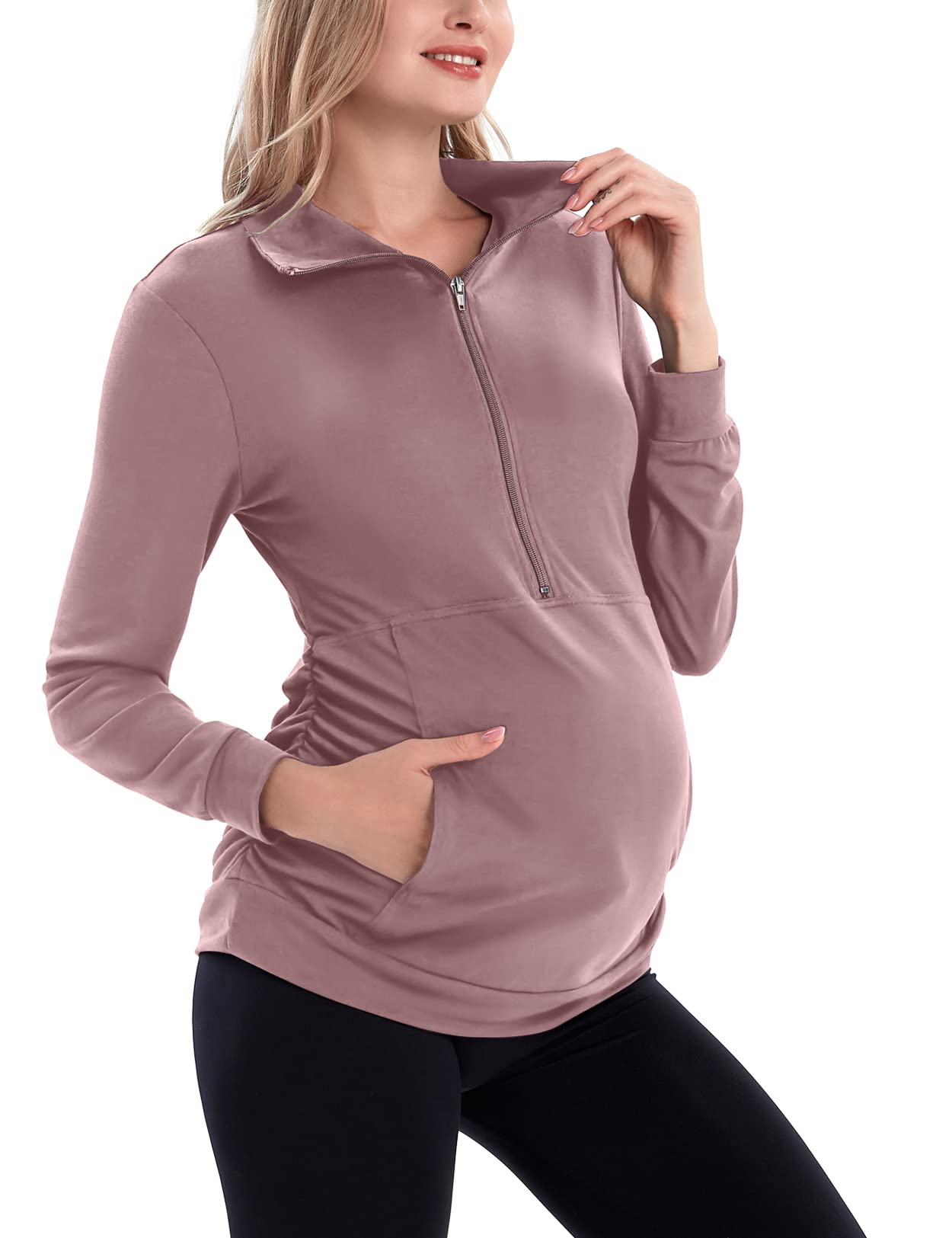 GINKANAMaternity Women's Long Sleeve Shirt Half Zipper Lapel Lightweight Casual Maternity Pullover with Pockets