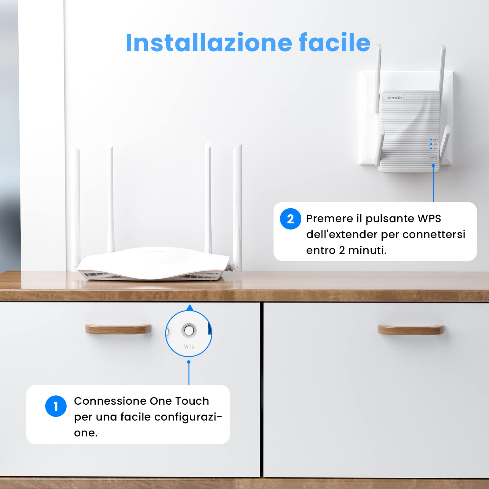 Tenda Ripetitore WiFi AC2100 (A21), Amplificatore WiFi Dual Band, Porta Gigabit, 4 antenne 3dBi, 4x4 MU-MIMO, indicatore di segnale, pulsante WPS, modalità Ap, configurazione semplice